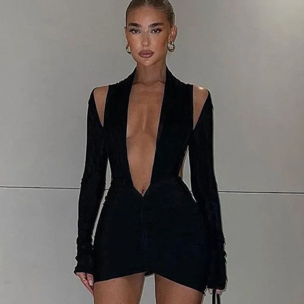 Elegant Black Deep V-Neck Dress